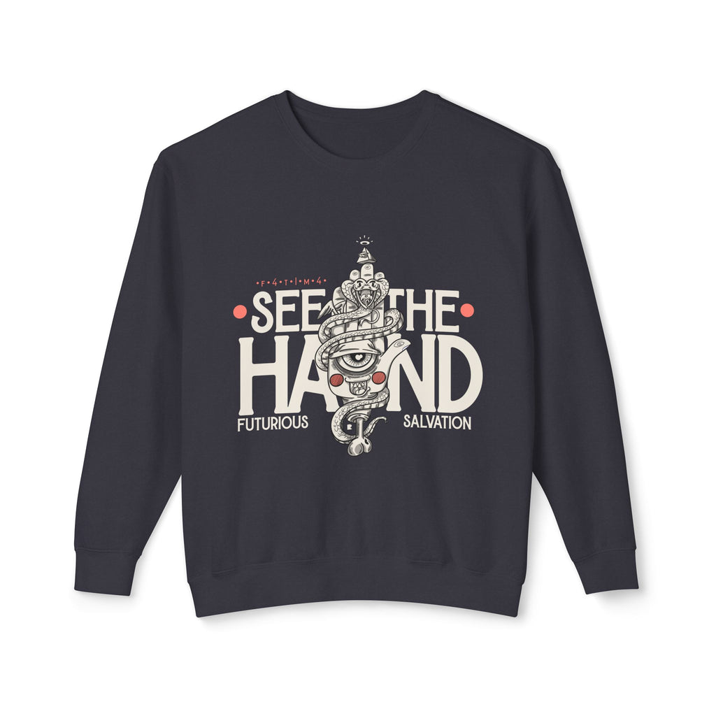 "F4T1M4" Modern Hamsa Hand – Mystical Graphic Crewneck Sweatshirt