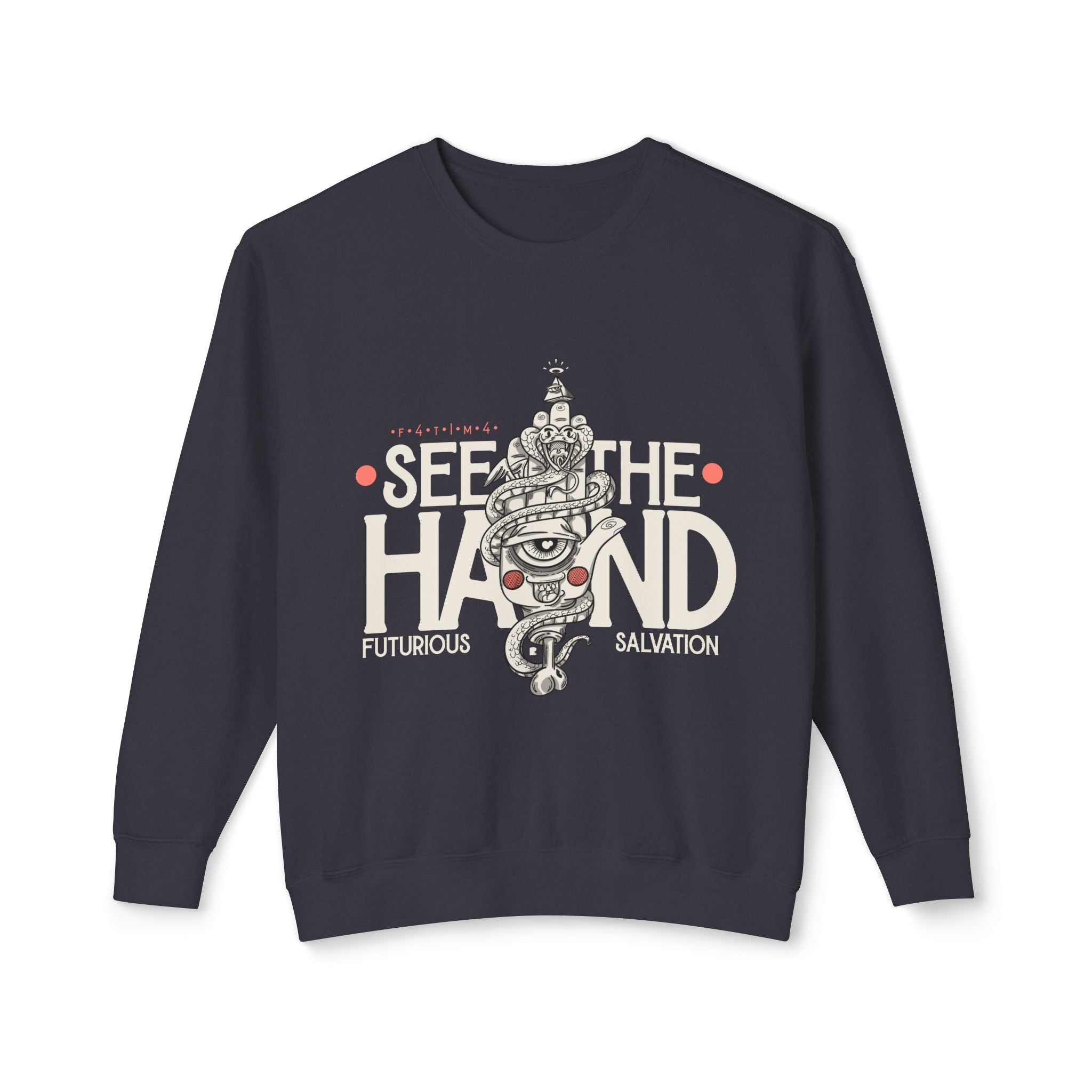 "F4T1M4" Modern Hamsa Hand – Mystical Graphic Crewneck Sweatshirt