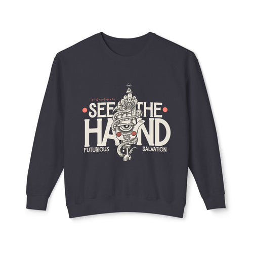 "F4T1M4" Modern Hamsa Hand – Mystical Graphic Crewneck Sweatshirt