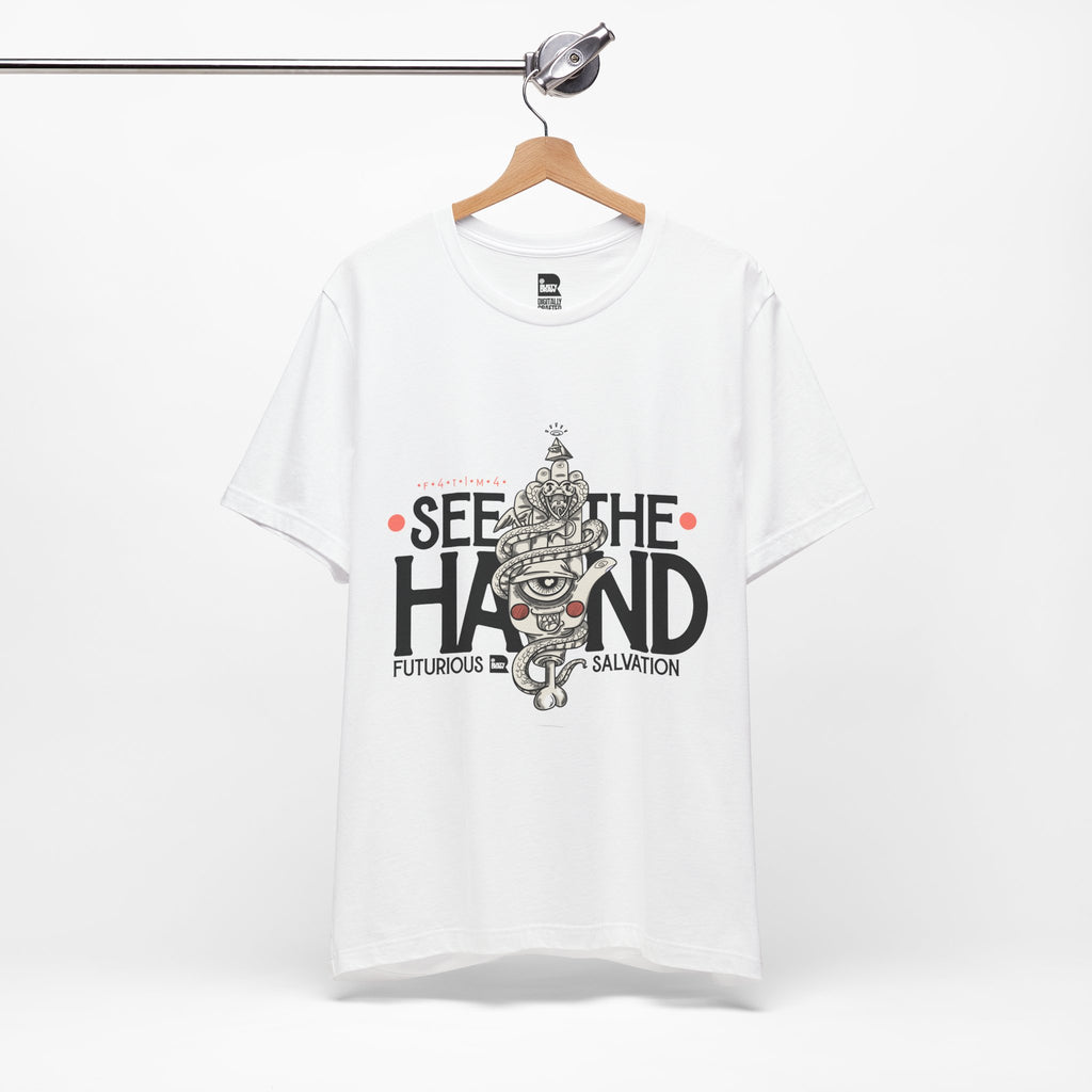 "F4T1M4" Modern Hamsa Hand – Mystical Graphic Art Tee