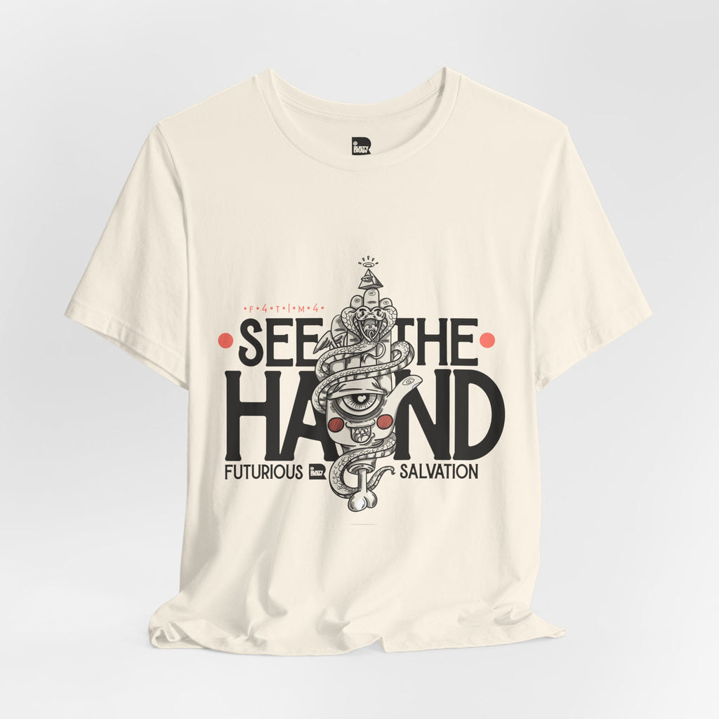 "F4T1M4" Modern Hamsa Hand – Mystical Graphic Art Tee