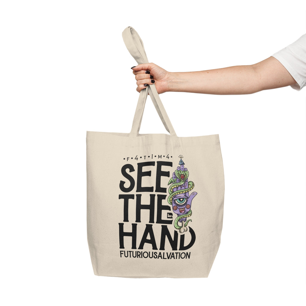 "F4T1M4" Modern Hamsa Hand – Mystical Canvas Tote Bag
