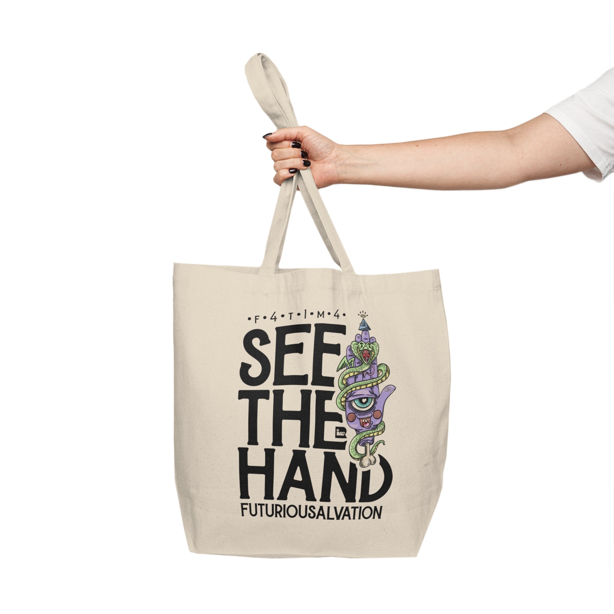 "F4T1M4" Modern Hamsa Hand – Mystical Canvas Tote Bag