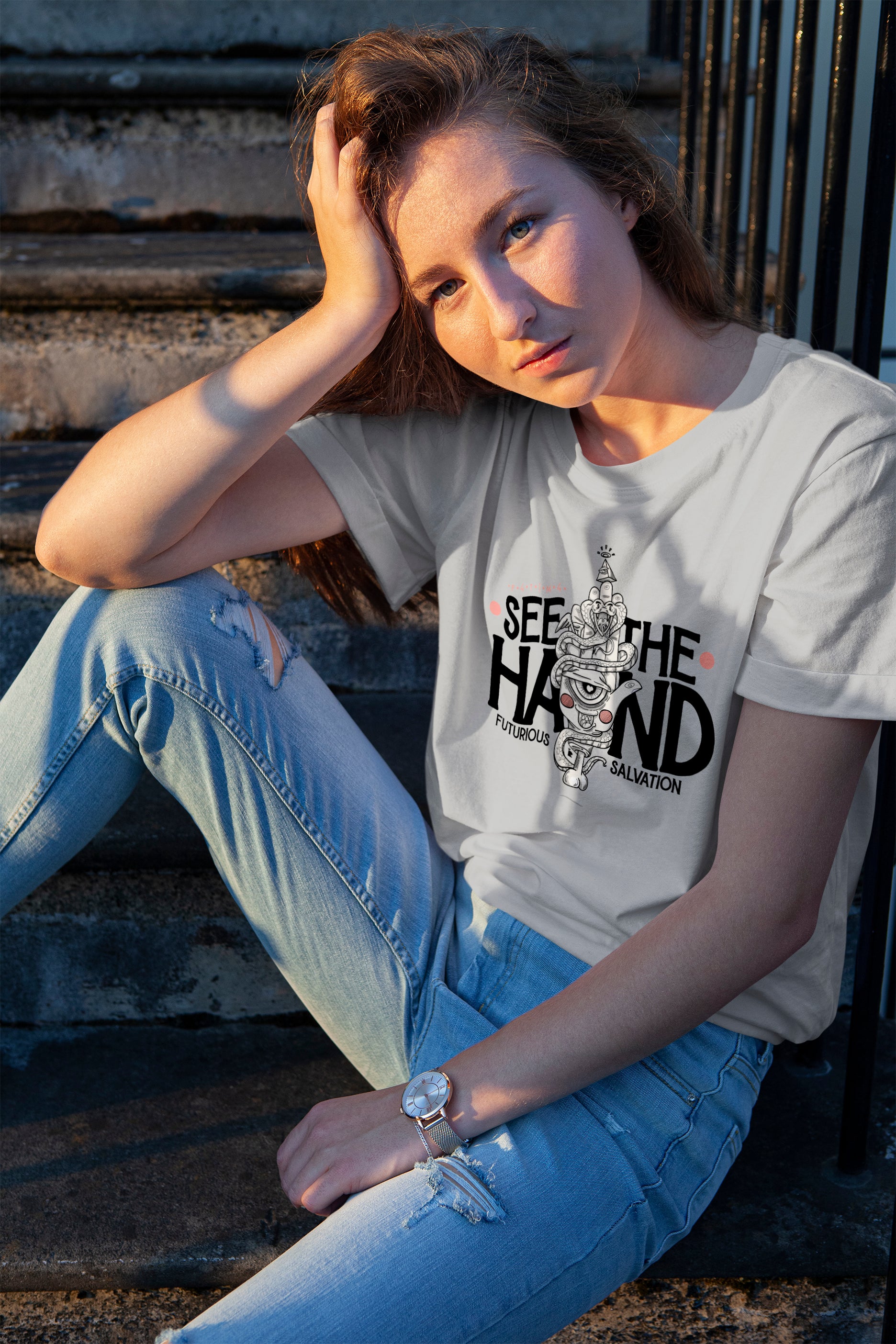 "F4T1M4" Modern Hamsa Hand – Mystical Graphic Art Tee